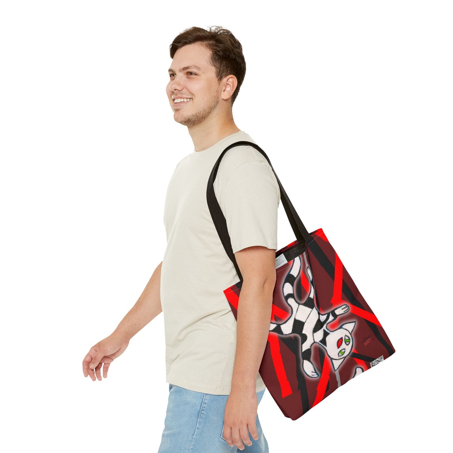 Tote Bag (AOP) - Motiv: Mikado Rot, mit Katze schwebt