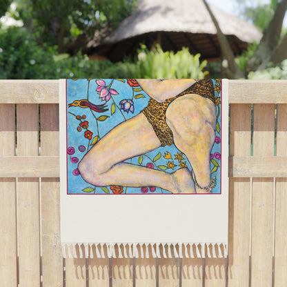 Boho Beach Cloth - Motiv Ida, groß, roter Rahmen, Tuch: beige, 97 x 206 cm