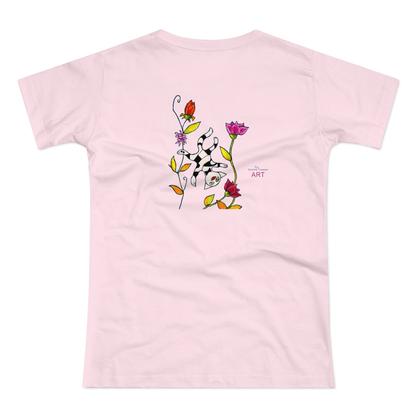 Single Jersey Women's T-shirt - hell - Motiv: Katze schwebt und Ranken, Vorderseite H 11 cm & Rückseite H 21,85 cm