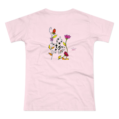 Single Jersey Women's T-shirt - hell - Motiv: Katze schwebt und Ranken, Vorderseite H 11 cm & Rückseite H 21,85 cm