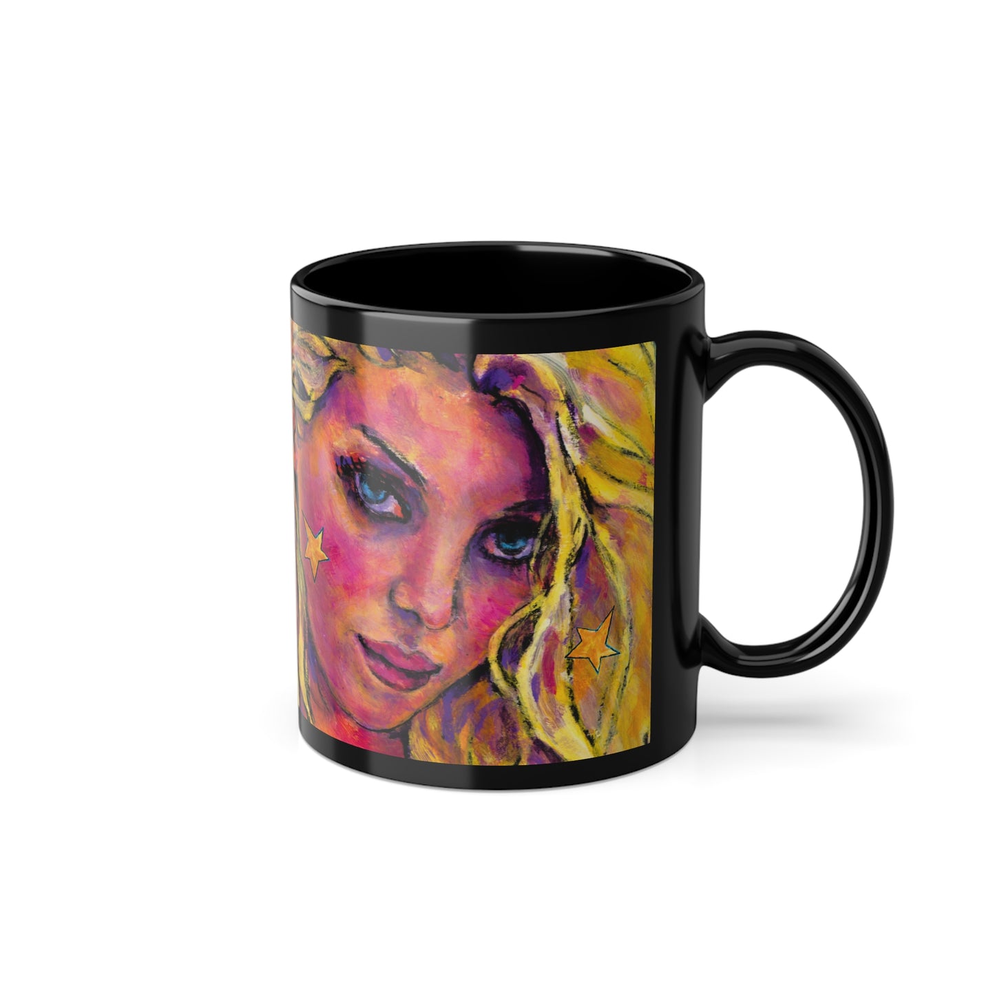 Black Coffee Cup, 11oz - Motiv: Maria, Ausschnitt, Sterne