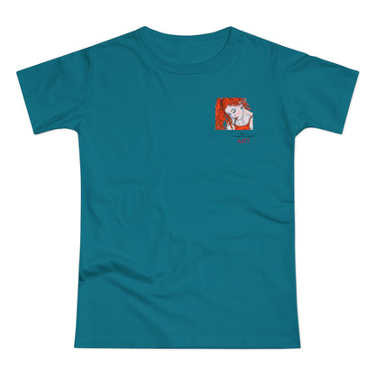 Single Jersey Women's T-shirt - hell - Motiv:  Front Julia, Ausschnitt 6,7 cm & Rückseite Julia, H 37 cm