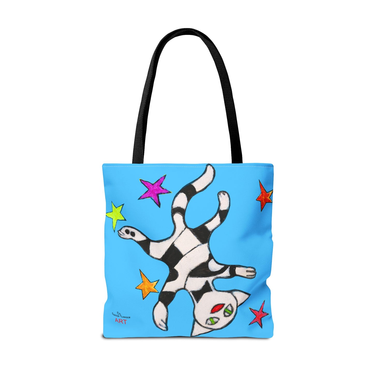 Tote Bag (AOP) - Motiv:  Front Katze schwebt & Rückseite  Katze schwebt, Blau, Sterne