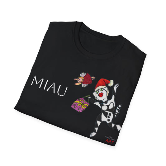 Unisex Softstyle T-Shirt - Motiv: Front Miau, Weihnachtskatze, H 23 cm