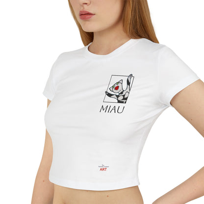 Women's Baby Tee - Motiv: Motiv: Front "Miau" klein, schwarz, H 8 cm, Rückseite "Miau"