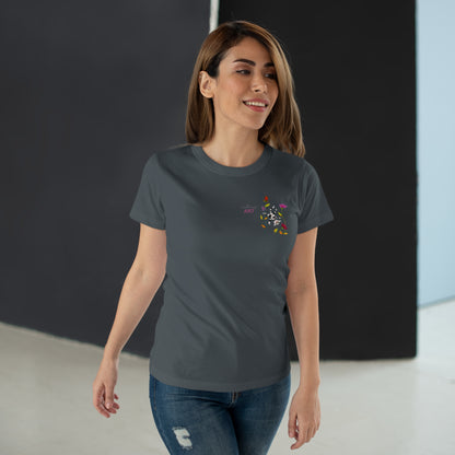 Single Jersey Women's T-shirt - dunkel - Motiv: Katze schwebt und Ranken, Vorderseite H 11 cm & Rückseite H 21,85 cm