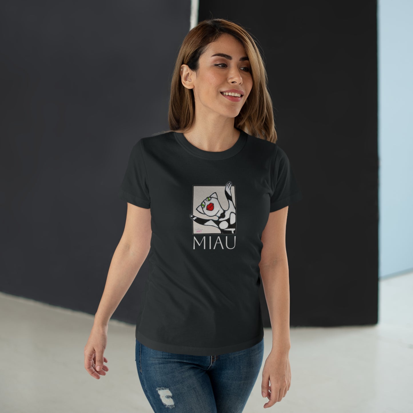 Single Jersey Women's T-shirt - dunkel - Motiv: Front Miau, H 15,3 cm, Rückseite Miau, H27,94 cm