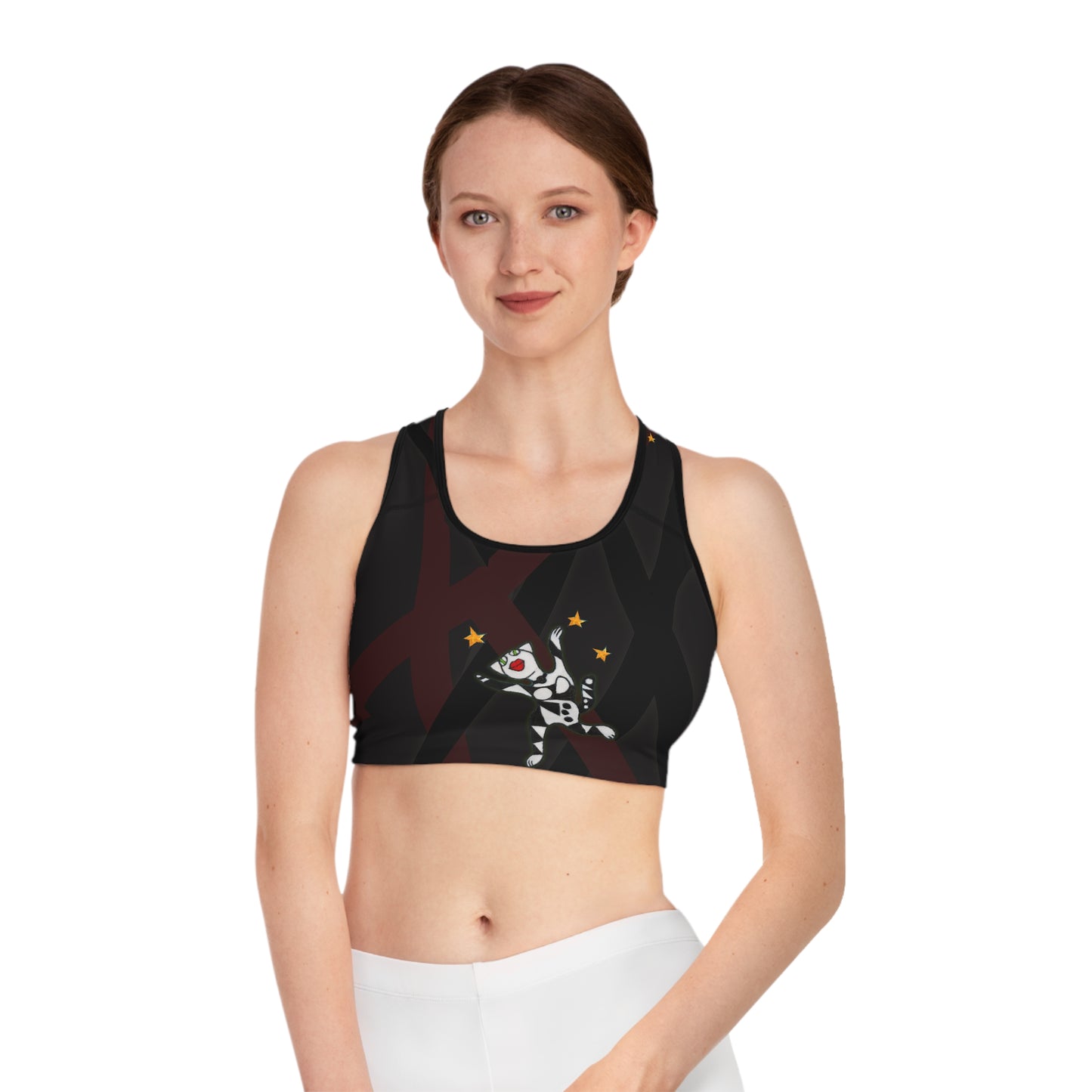 Sports Bra (AOP) -  Motiv: Front Miau & Rückseite Miau klein, Mikado Schwarz 2