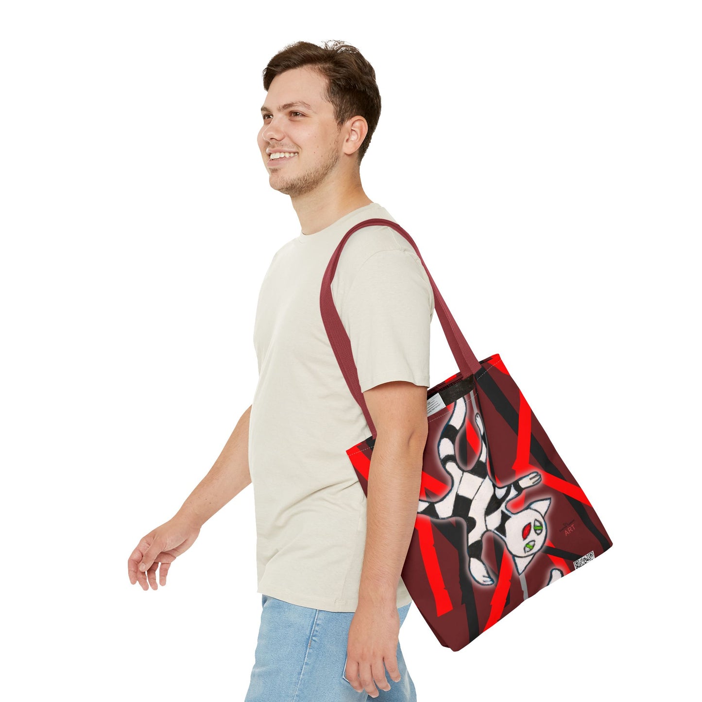 Tote Bag (AOP) - Motiv: Mikado Rot, mit Katze schwebt