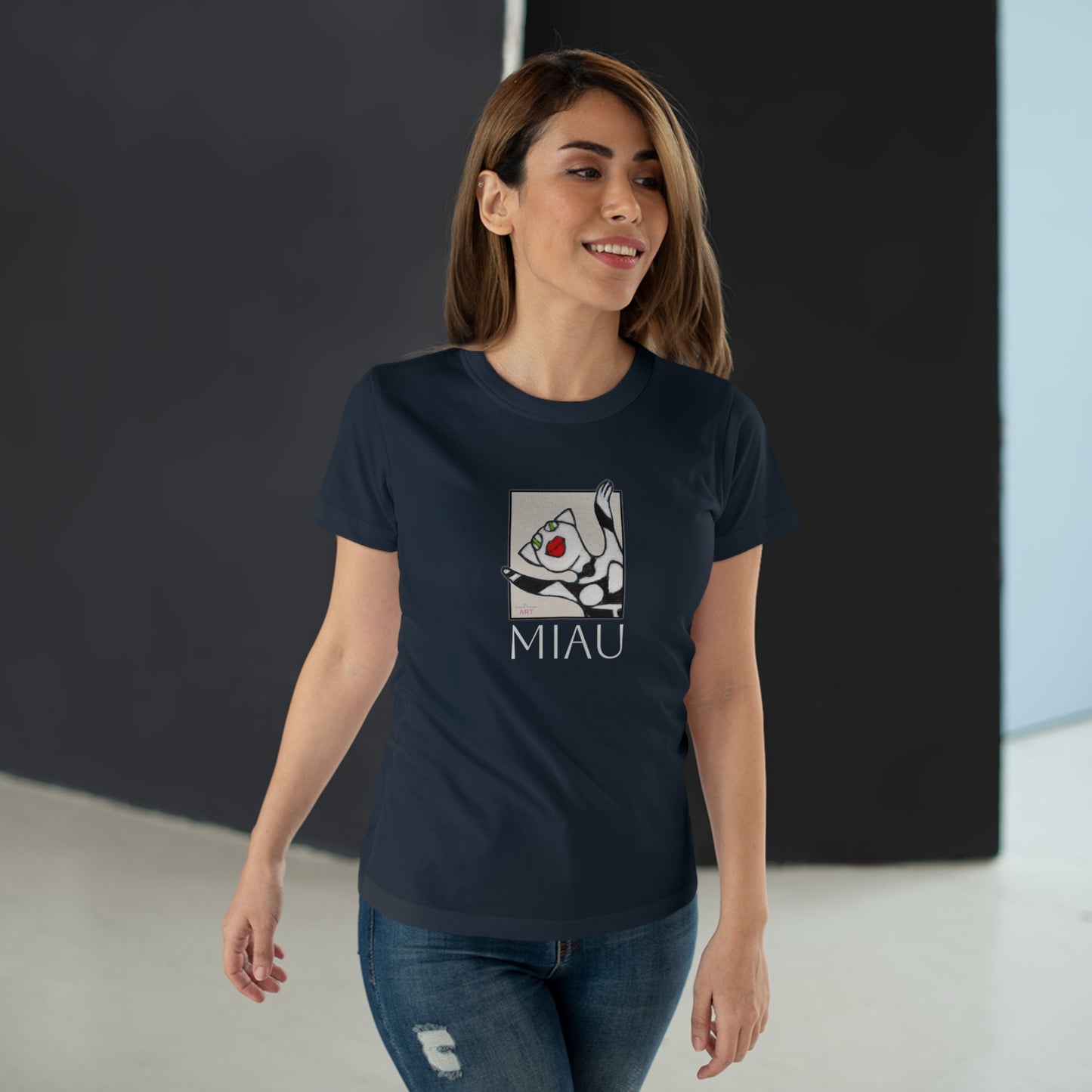 Single Jersey Women's T-shirt - dunkel - Motiv: Front Miau, H 15,3 cm, Rückseite Miau, H27,94 cm