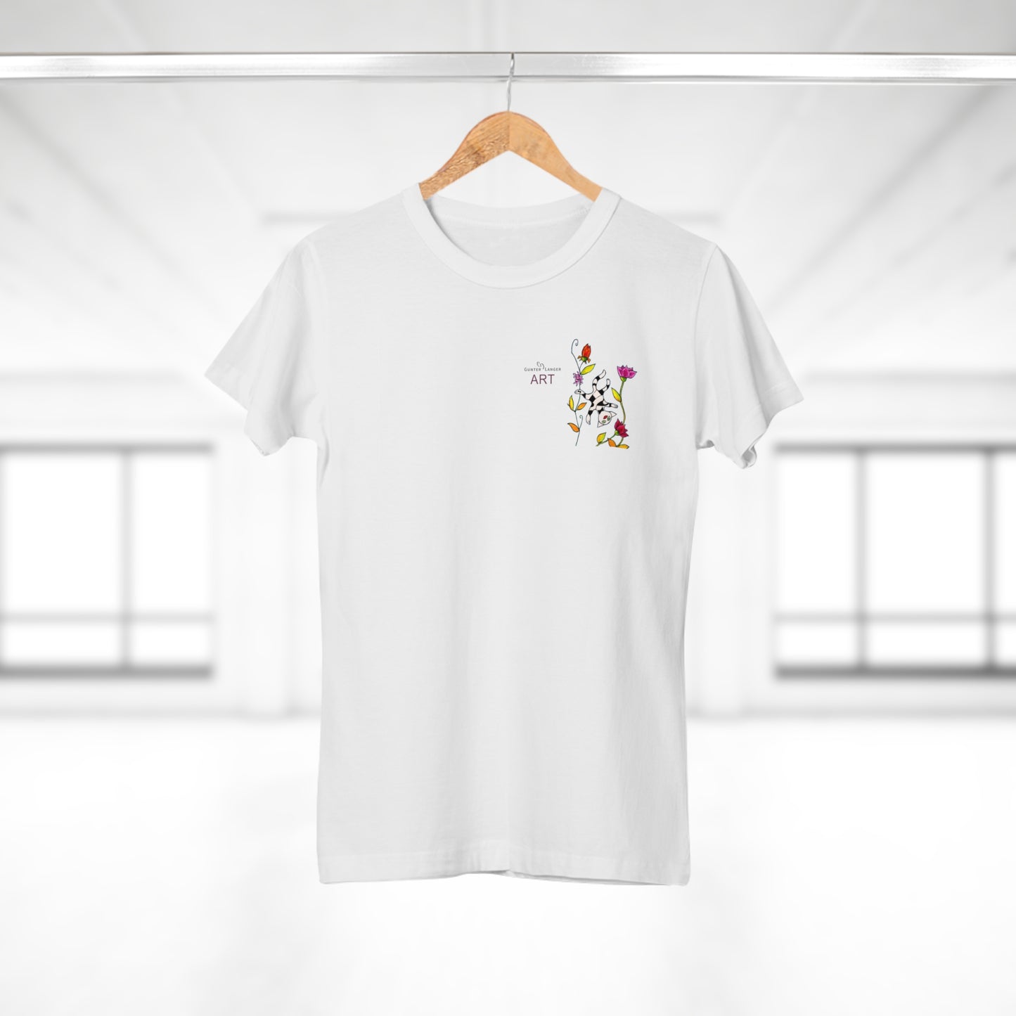 Single Jersey Women's T-shirt - hell - Motiv: Katze schwebt und Ranken, Vorderseite H 11 cm & Rückseite H 21,85 cm