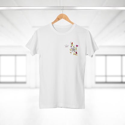 Single Jersey Women's T-shirt - hell - Motiv: Katze schwebt und Ranken, Vorderseite H 11 cm & Rückseite H 21,85 cm