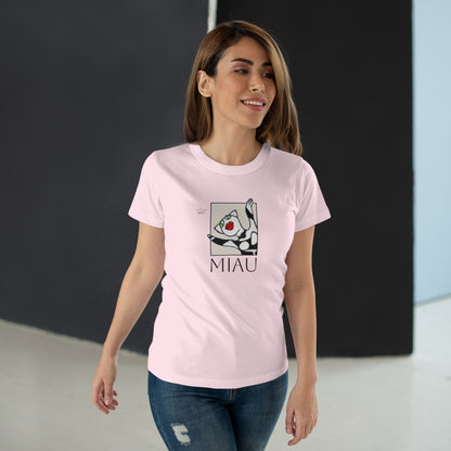 Single Jersey Women's T-shirt - hell - Motiv: Front Miau, H 15,3 cm, Rückseite Miau, H27,94 cm