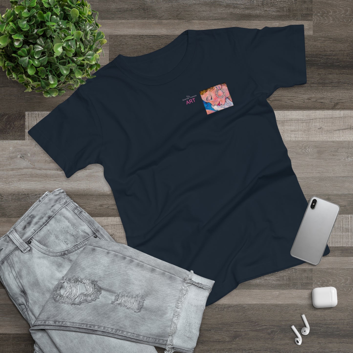 Single Jersey Women's T-shirt- dunkel - Motiv: Alva, Ausschnitt, H 6,5 cm