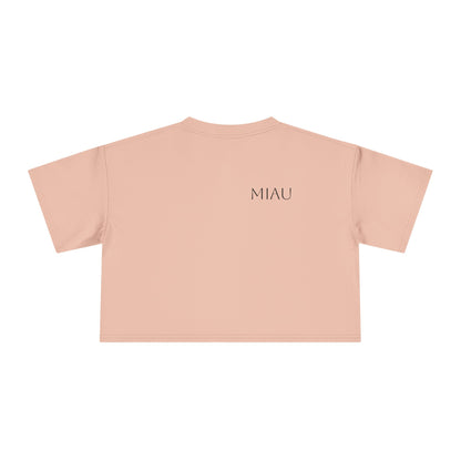 Women's Crop Tee - Motiv: Motiv: Front "Miau" klein, schwarz, H 8 cm, Rückseite "Miau"