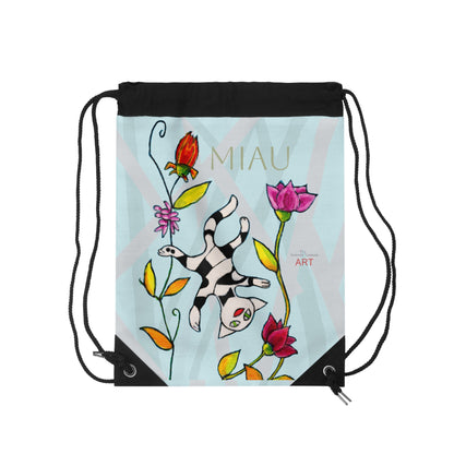 Drawstring Bag - Motiv: Vorderseite und Rückseite, Katze schwebt, Miau, blau, H 43 cm