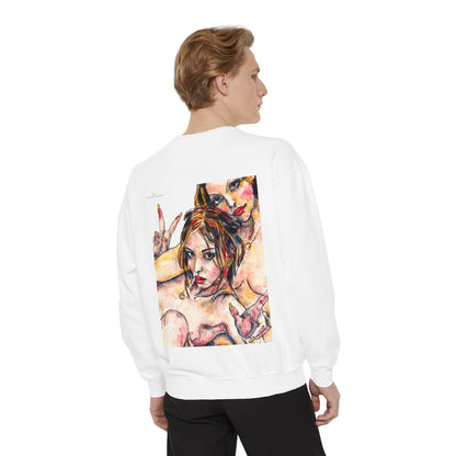Unisex Garment-Dyed Sweatshirt - Motiv: Front Camilla (H 11,4 cm) & Rückseite Camilla / Leni, H 41 cm