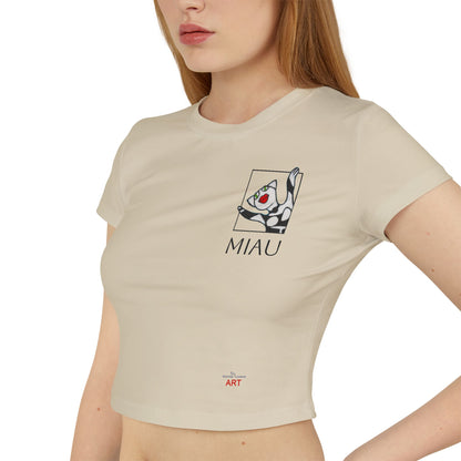 Women's Baby Tee - Motiv: Motiv: Front "Miau" klein, schwarz, H 8 cm, Rückseite "Miau"