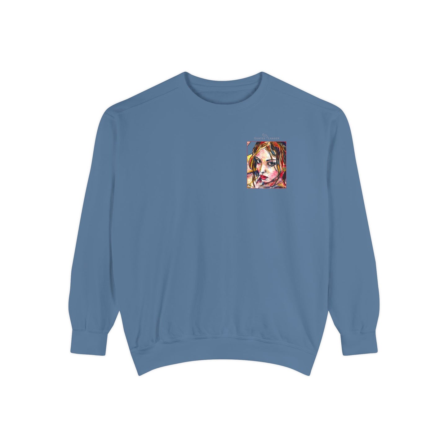 Unisex Garment-Dyed Sweatshirt - Motiv: Front Camilla (H 11,4 cm) & Rückseite Camilla / Leni, H 41 cm