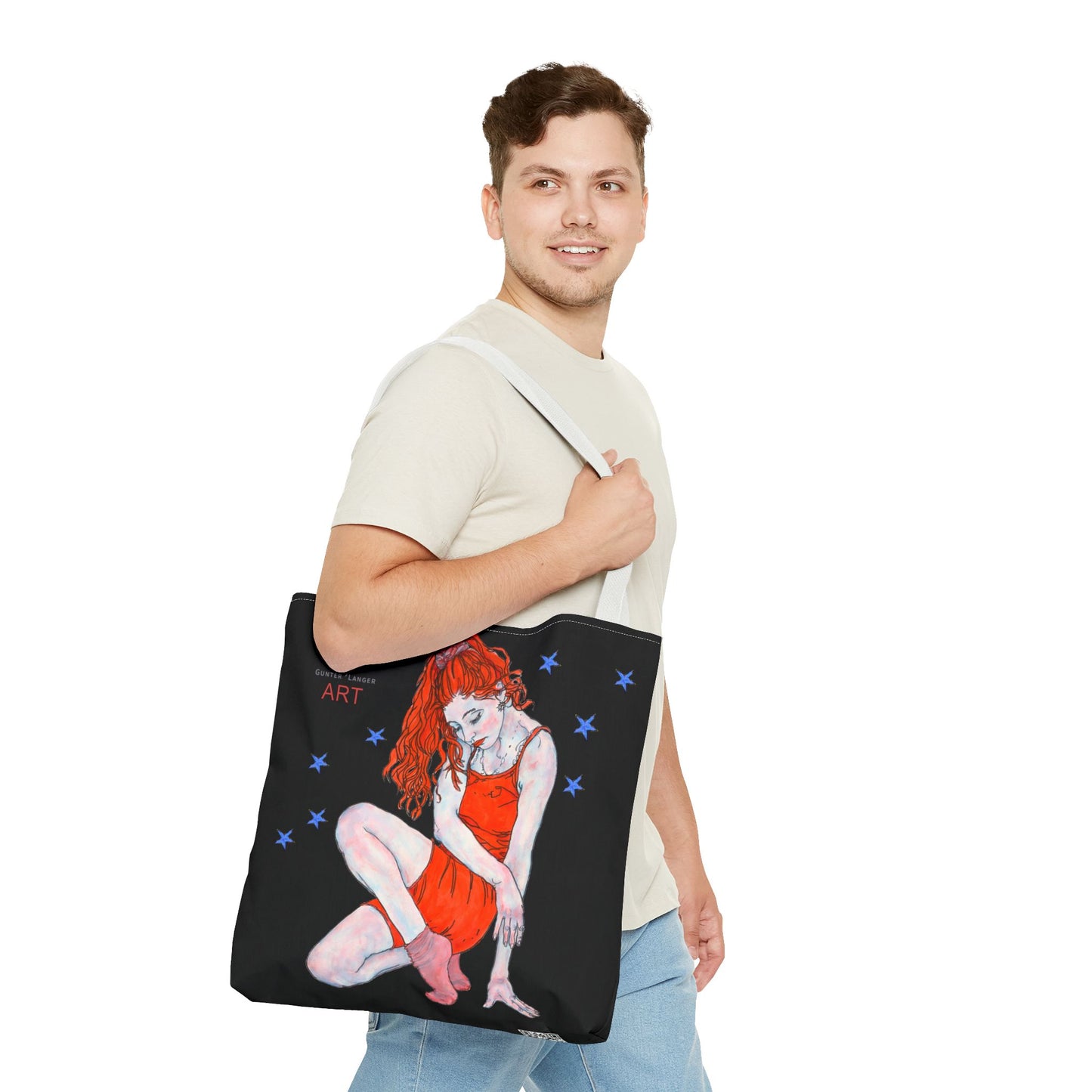 Tote Bag (AOP) - Motiv: Front Julia & Rückseite Julia 41,44cm Schwarz, Blaue Sterne