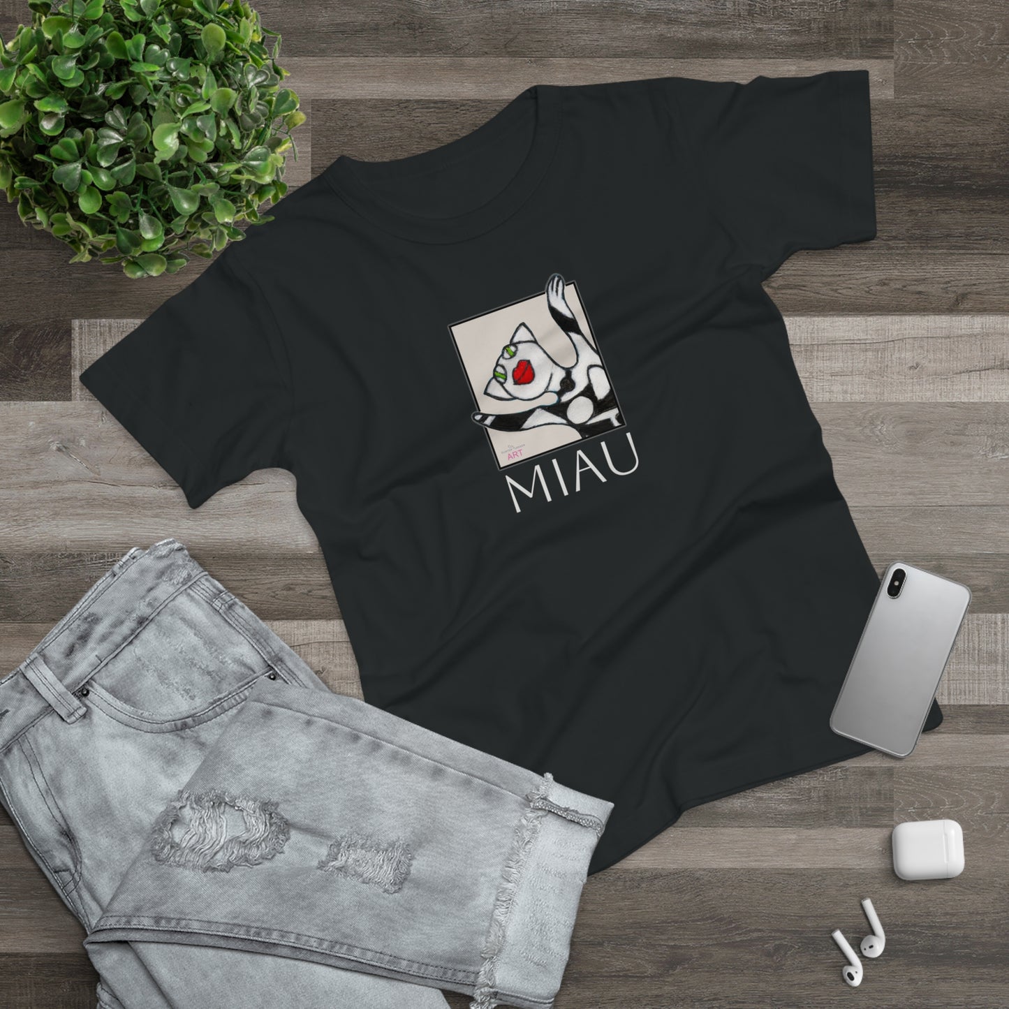 Single Jersey Women's T-shirt - dunkel - Motiv: Front Miau, H 15,3 cm, Rückseite Miau, H27,94 cm