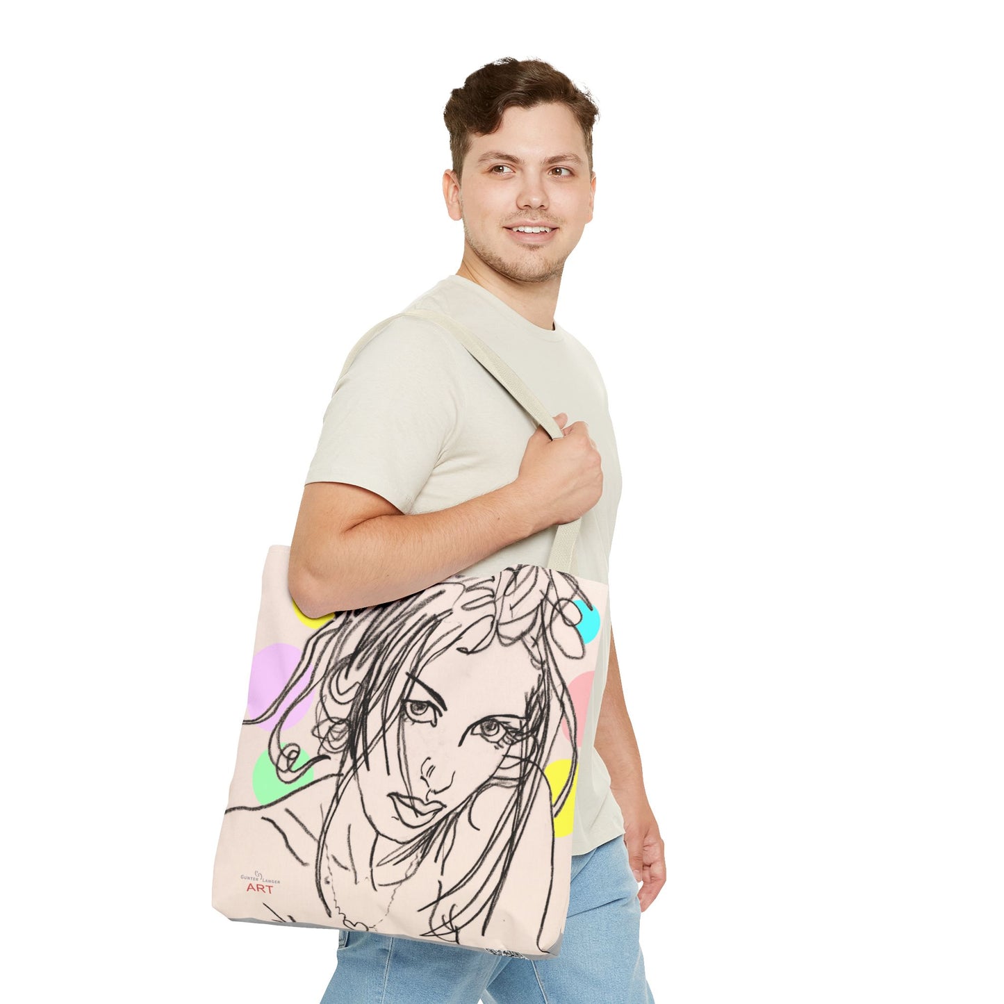 Tote Bag (AOP) - Motiv:  Front Rosalie & Rückseite Bea, Farbiger Hintergrund