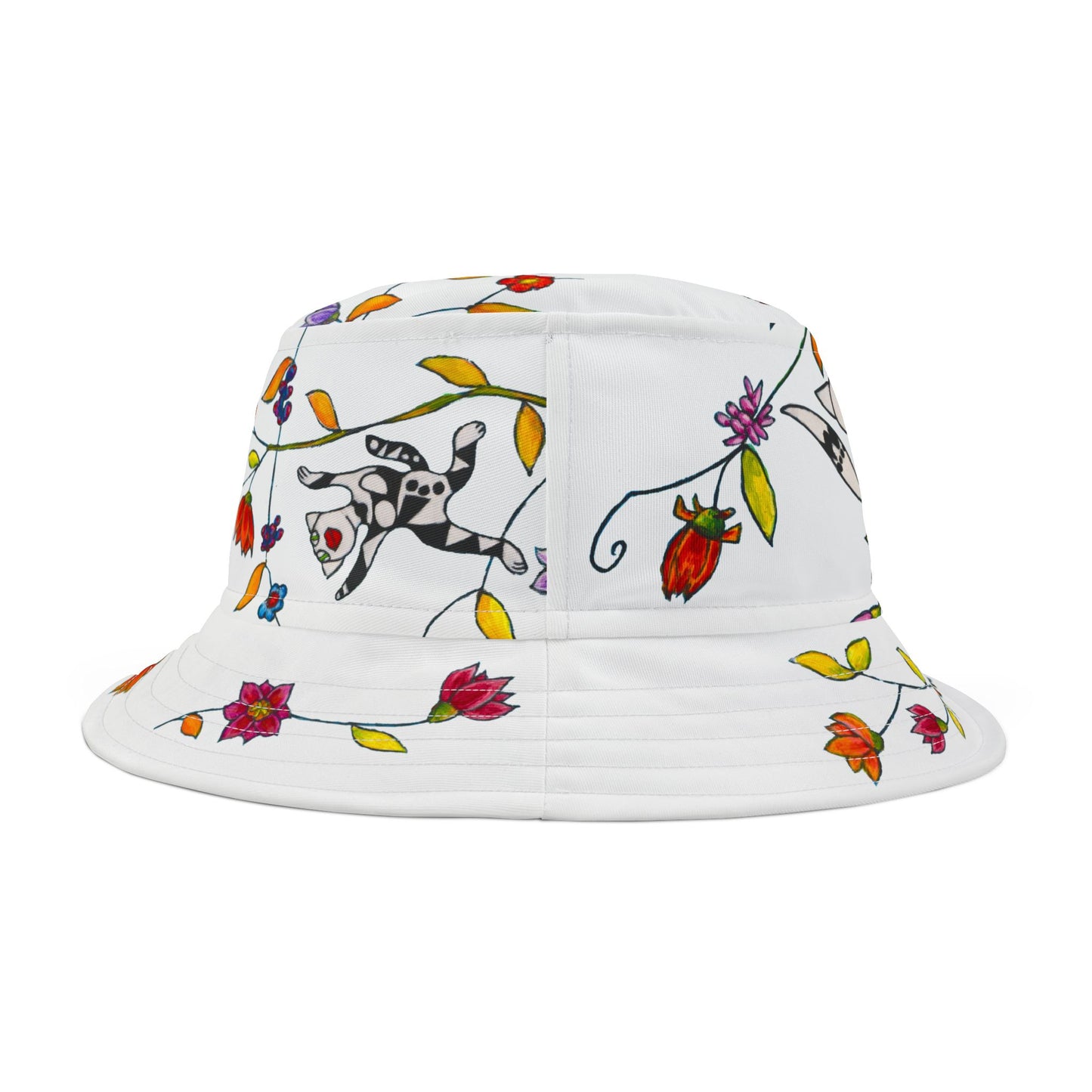 Bucket Hat (AOP) - Motiv: Katze fliegt, Ranken, Weiss