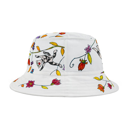 Bucket Hat (AOP) - Motiv: Katze fliegt, Ranken, Weiss