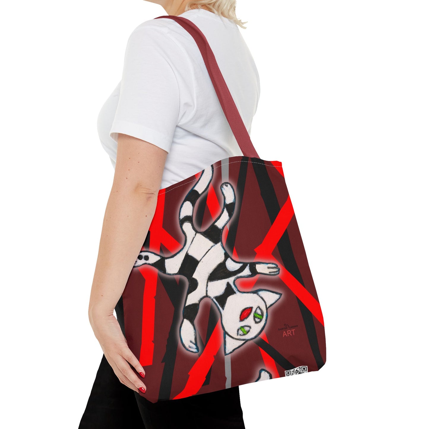 Tote Bag (AOP) - Motiv: Mikado Rot, mit Katze schwebt