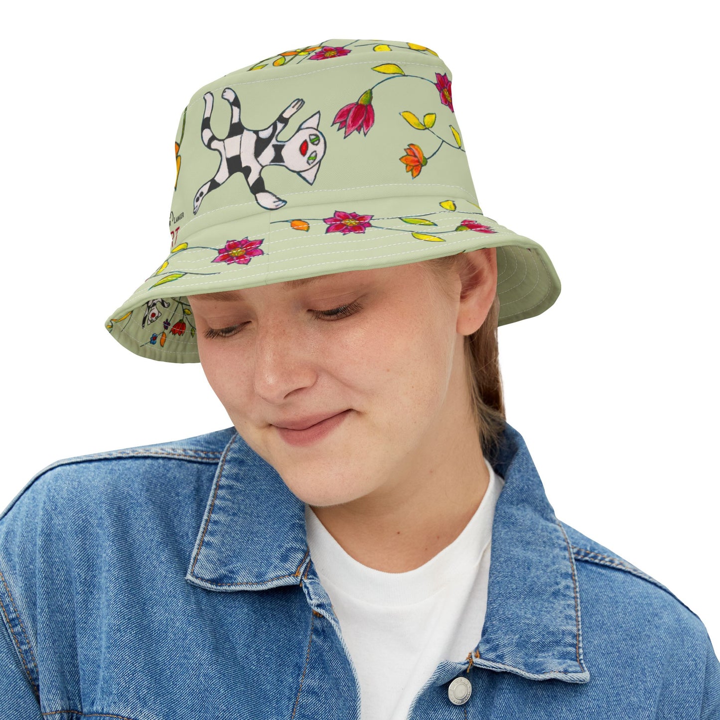 Bucket Hat (AOP) - Motiv: Katze fliegt, Ranken, grün