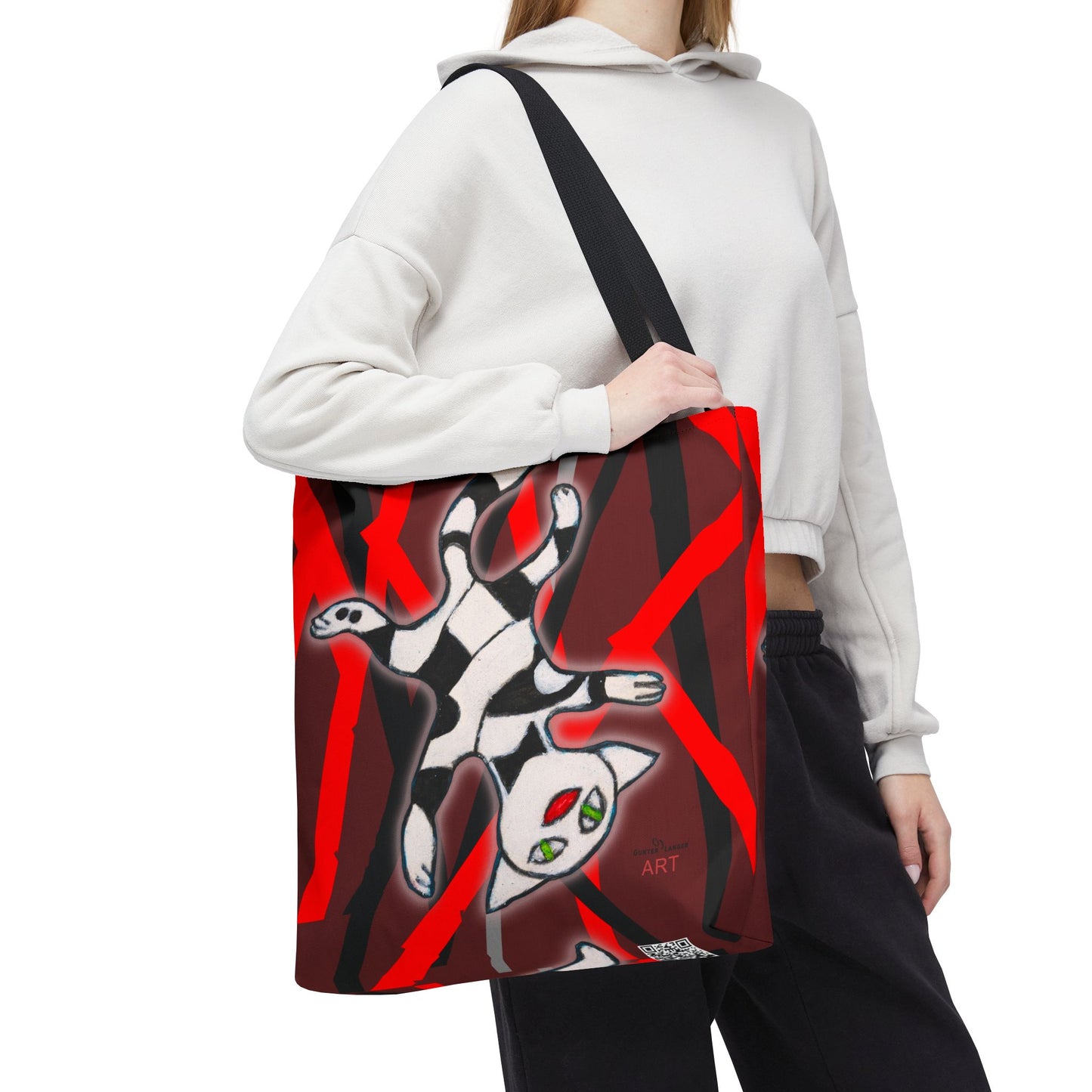 Tote Bag (AOP) - Motiv: Mikado Rot, mit Katze schwebt