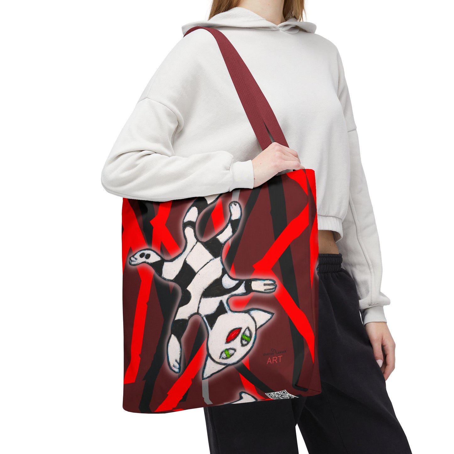 Tote Bag (AOP) - Motiv: Mikado Rot, mit Katze schwebt