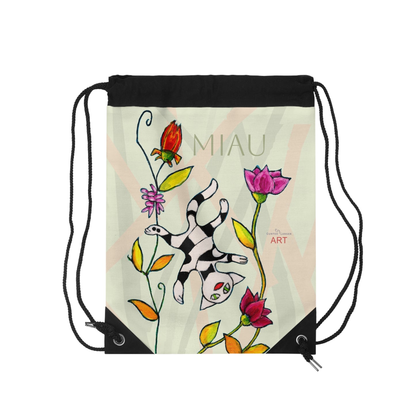 Drawstring Bag - Motiv: Vorderseite und Rückseite, Katze schwebt, Miau