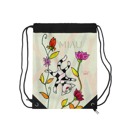 Drawstring Bag - Motiv: Vorderseite und Rückseite, Katze schwebt, Miau