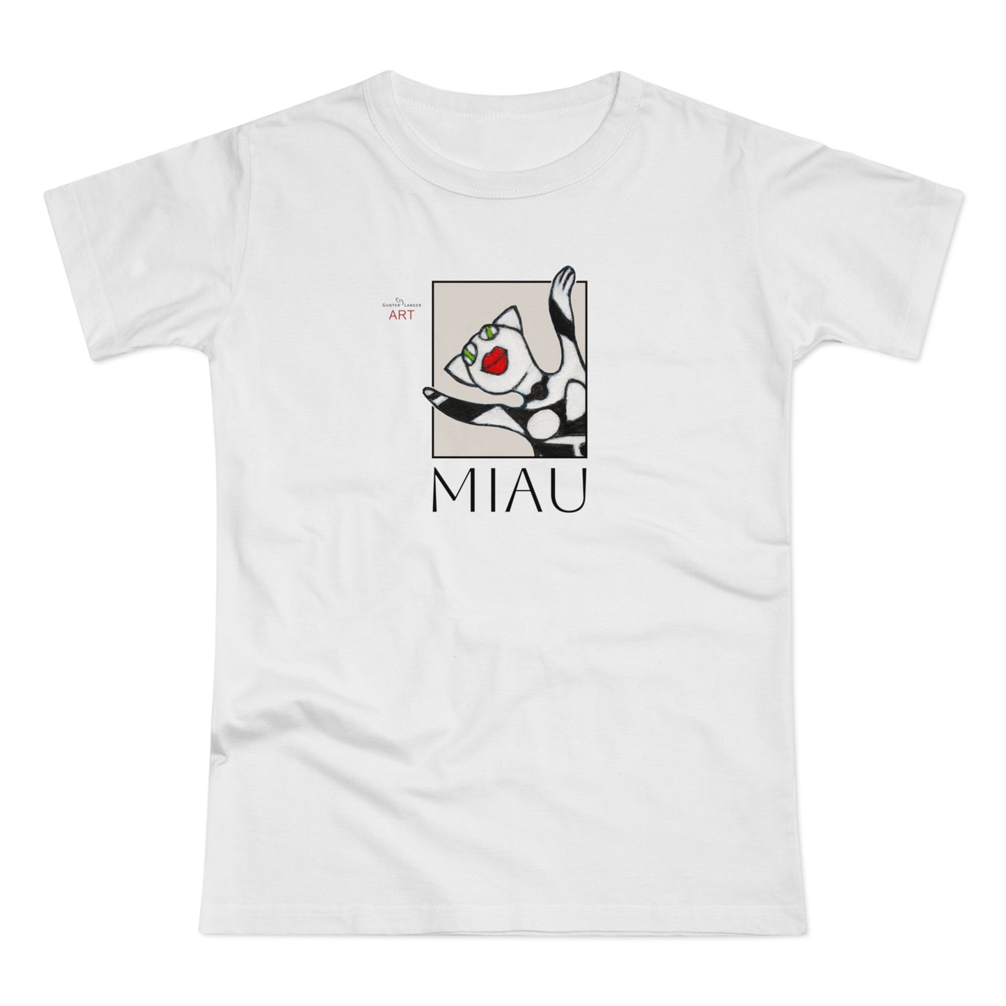 Single Jersey Women's T-shirt - hell - Motiv: Front Miau, H 15,3 cm, Rückseite Miau, H27,94 cm