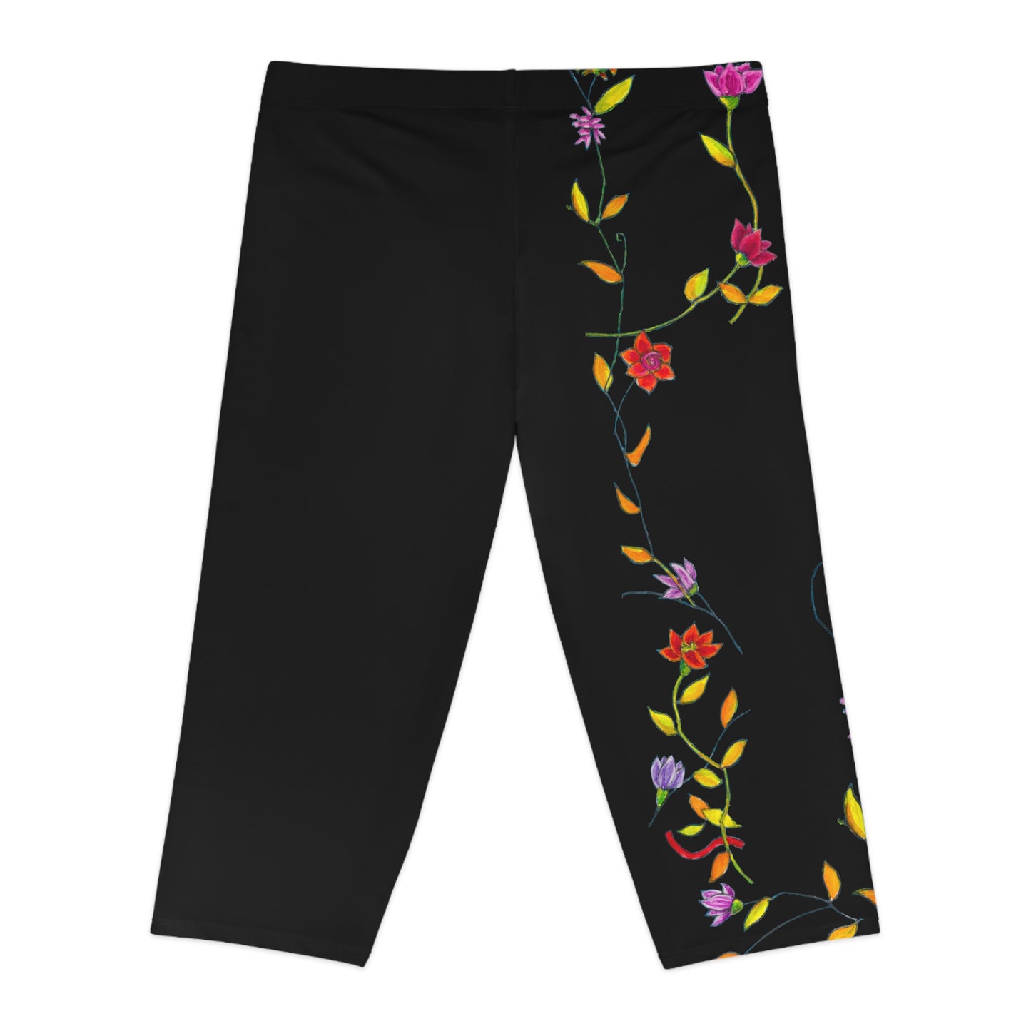 Women's Capri Leggings (AOP) -  Motiv: Katze fliegt, Ranken, schwarz