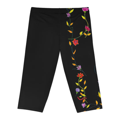 Women's Capri Leggings (AOP) -  Motiv: Katze fliegt, Ranken, schwarz