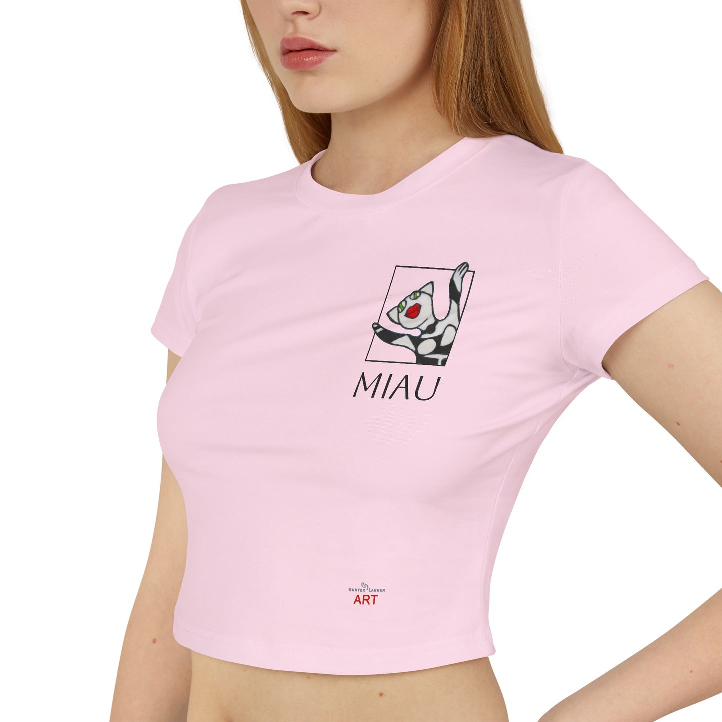 Women's Baby Tee - Motiv: Motiv: Front "Miau" klein, schwarz, H 8 cm, Rückseite "Miau"