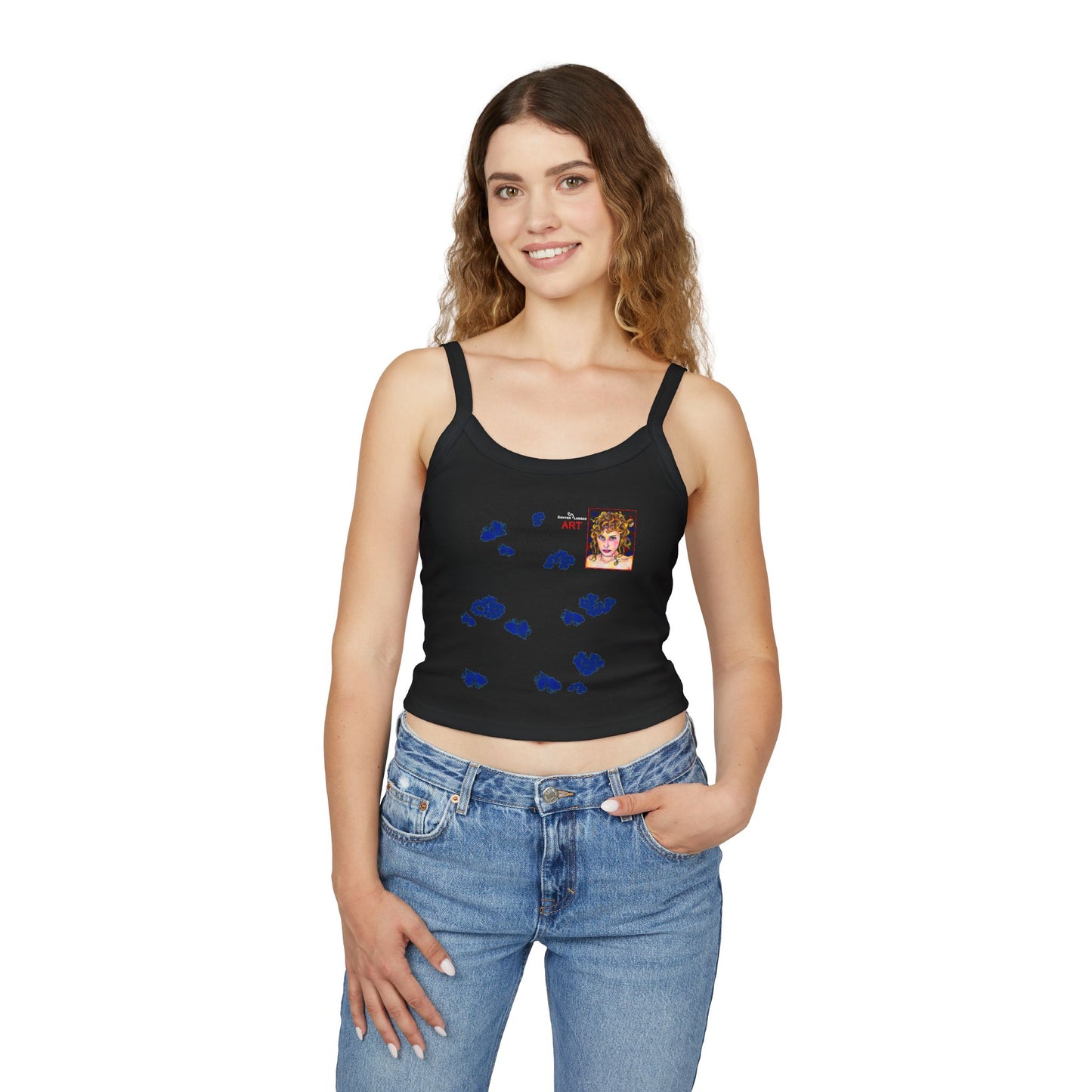 Women's Spaghetti Strap Tank Top - Motiv Front Antonietta, blaue Punkte & Rückseite Mikado