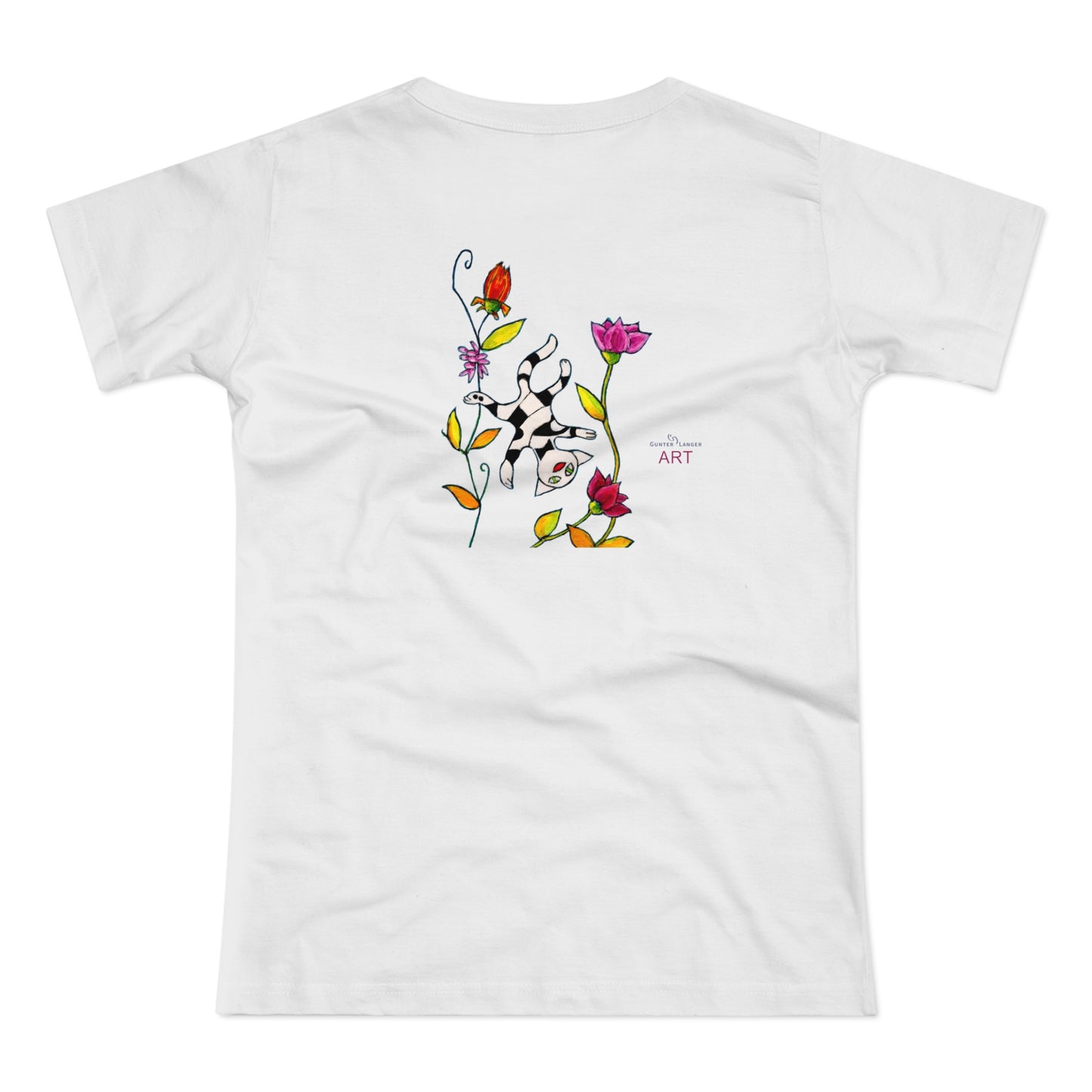 Single Jersey Women's T-shirt - hell - Motiv: Katze schwebt und Ranken, Vorderseite H 11 cm & Rückseite H 21,85 cm