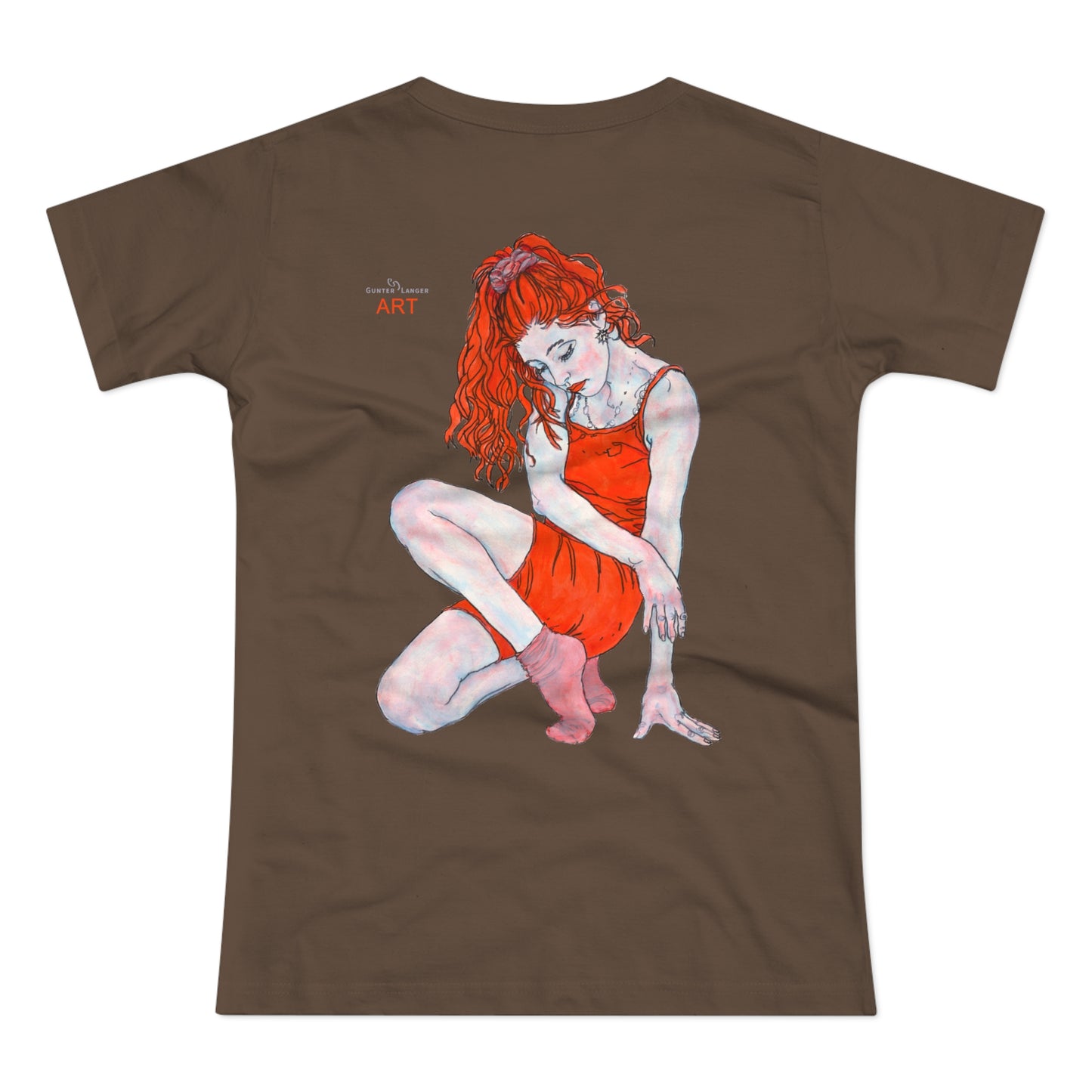 Single Jersey Women's T-shirt - dunkel - Motiv:  Front Julia, Ausschnitt 6,7 cm & Rückseite Julia, H 37 cm