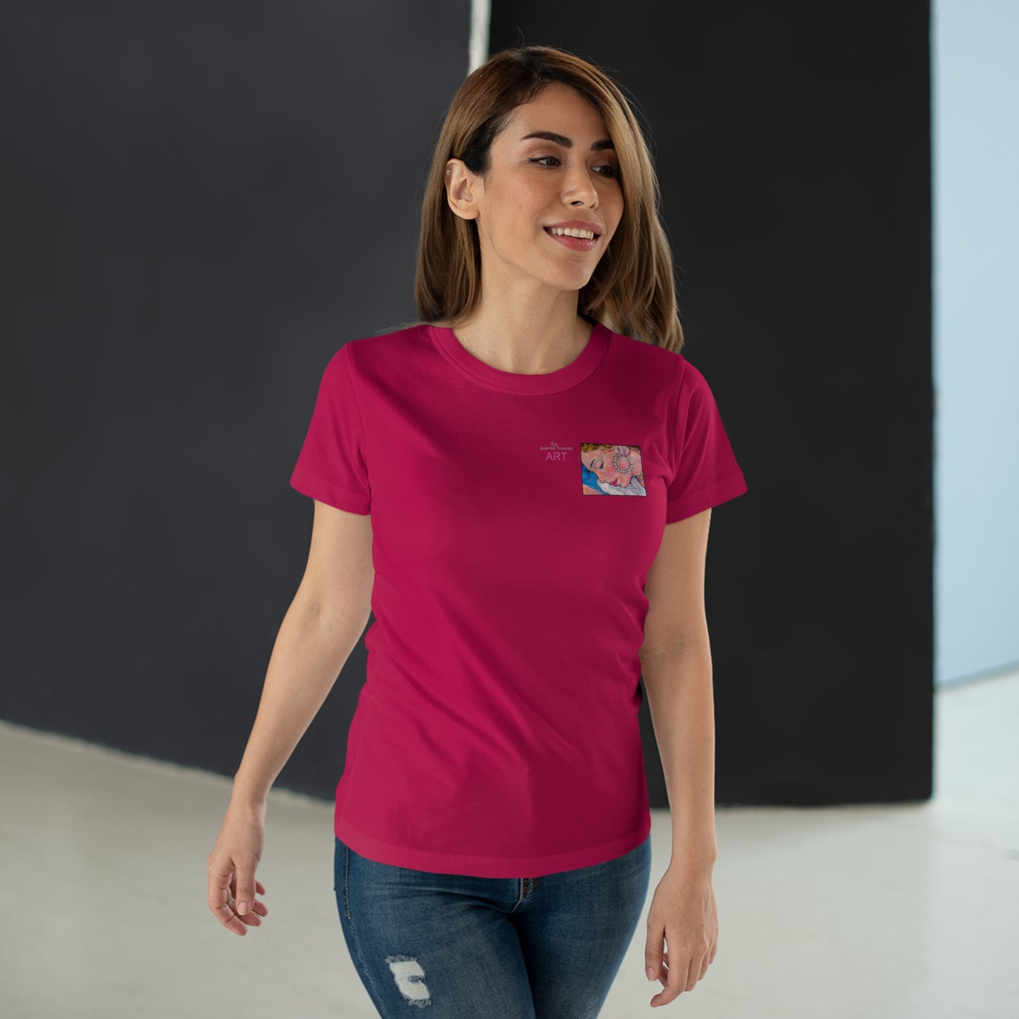 Single Jersey Women's T-shirt- dunkel - Motiv: Alva, Ausschnitt, H 6,5 cm