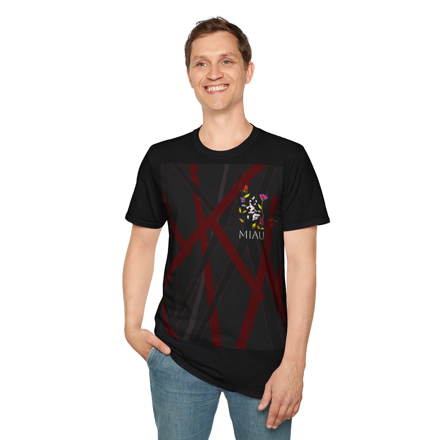 Unisex Softstyle T-Shirt - Motiv: Front, Katze schwebt, Ranken, Miau, H 11 cm, Mikado 3 & Rückseite Schrift Miau, N-Label