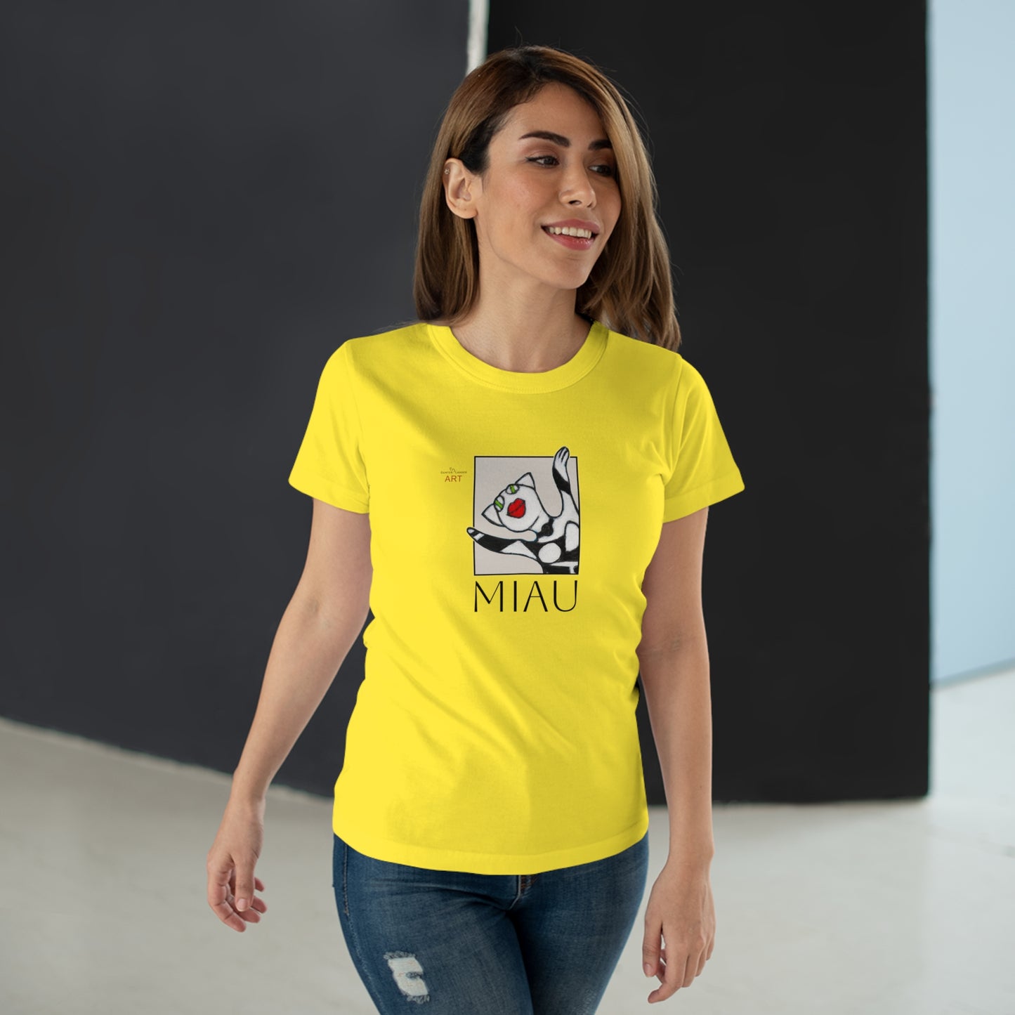 Single Jersey Women's T-shirt - hell - Motiv: Front Miau, H 15,3 cm, Rückseite Miau, H27,94 cm