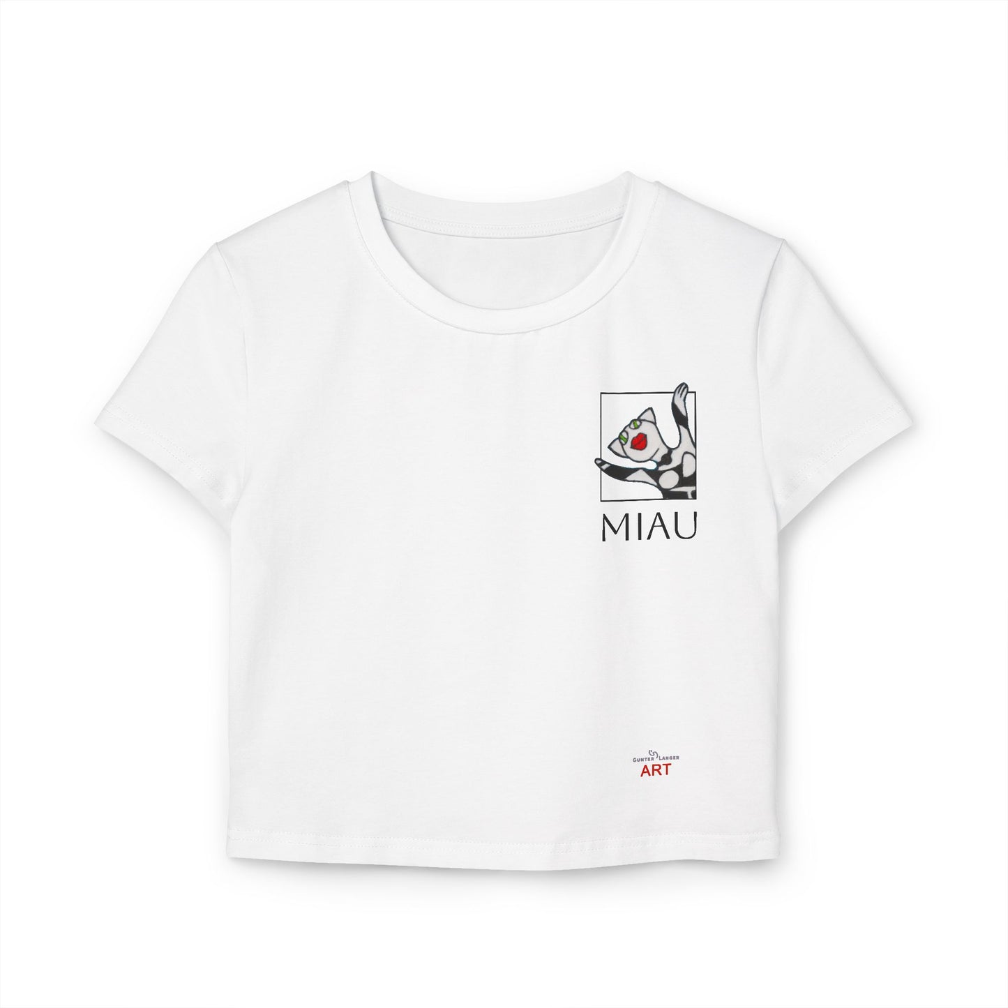 Women's Baby Tee - Motiv: Motiv: Front "Miau" klein, schwarz, H 8 cm, Rückseite "Miau"