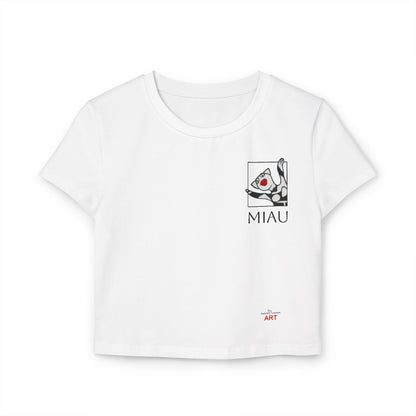 Women's Baby Tee - Motiv: Motiv: Front "Miau" klein, schwarz, H 8 cm, Rückseite "Miau"