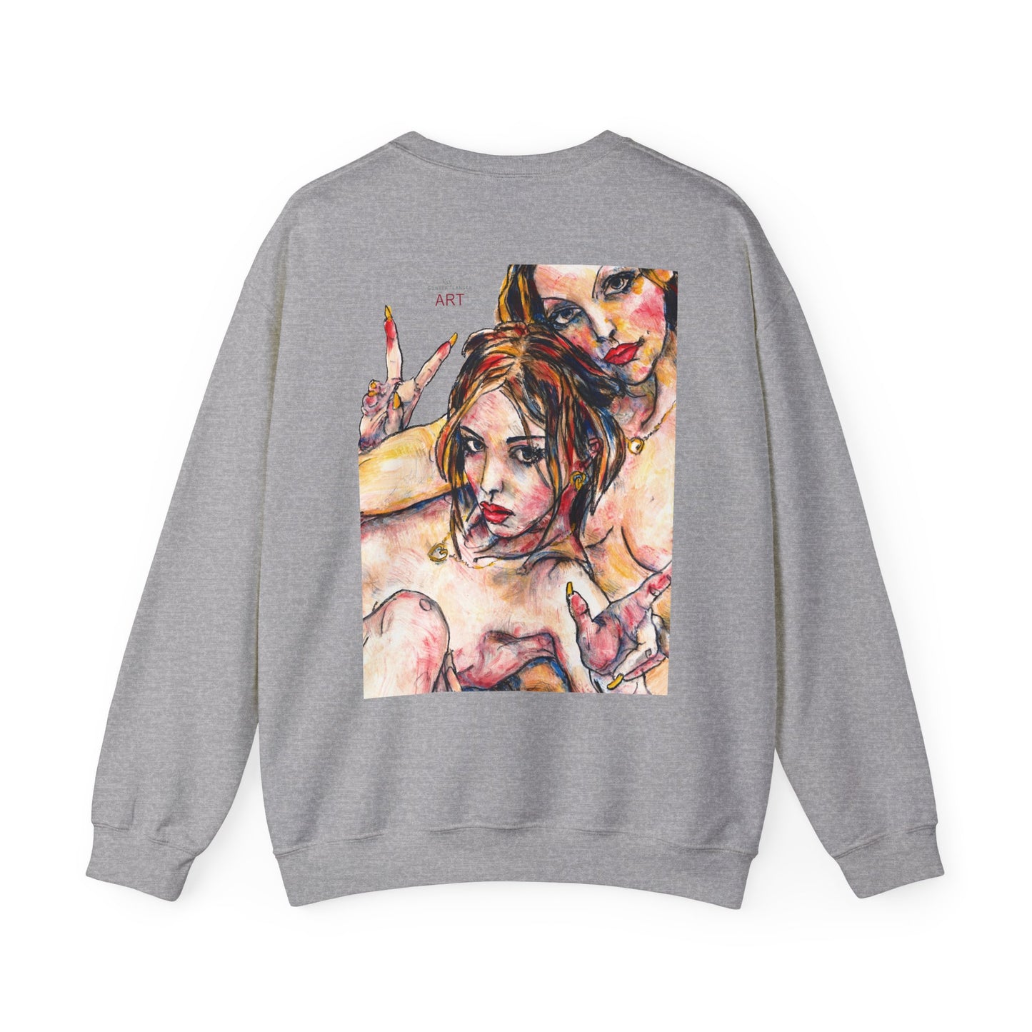 Unisex Heavy Blend™ Crewneck Sweatshirt - Motiv: Front Camilla (H 11,4 cm) & Rückseite Camilla / Leni, H 41 cm