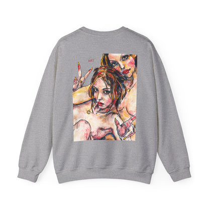 Unisex Heavy Blend™ Crewneck Sweatshirt - Motiv: Front Camilla (H 11,4 cm) & Rückseite Camilla / Leni, H 41 cm