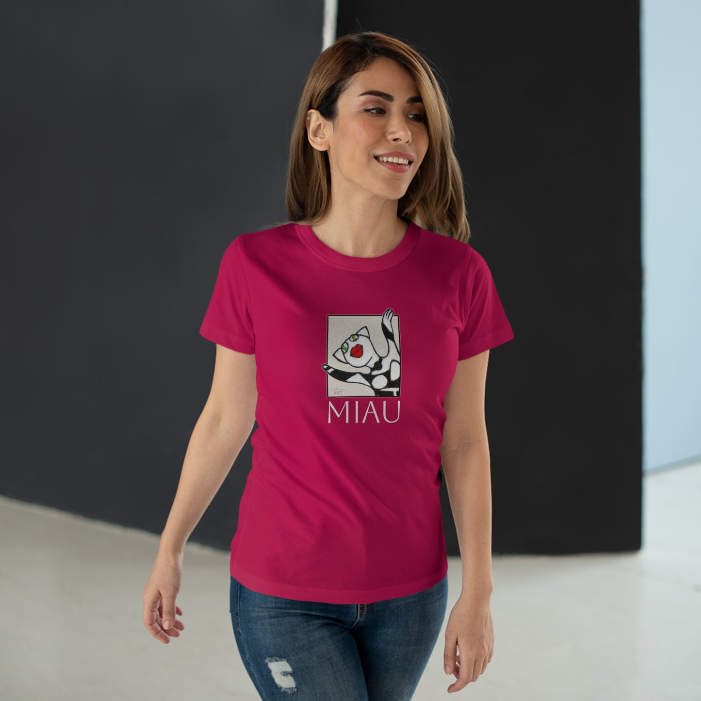 Single Jersey Women's T-shirt - dunkel - Motiv: Front Miau, H 15,3 cm, Rückseite Miau, H27,94 cm