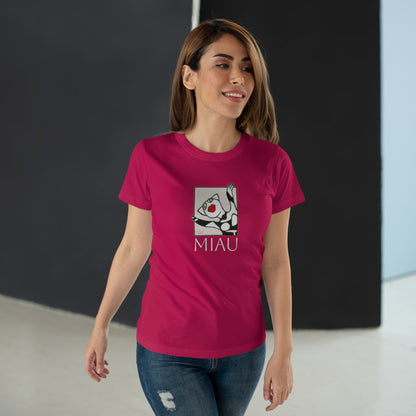 Single Jersey Women's T-shirt - dunkel - Motiv: Front Miau, H 15,3 cm, Rückseite Miau, H27,94 cm
